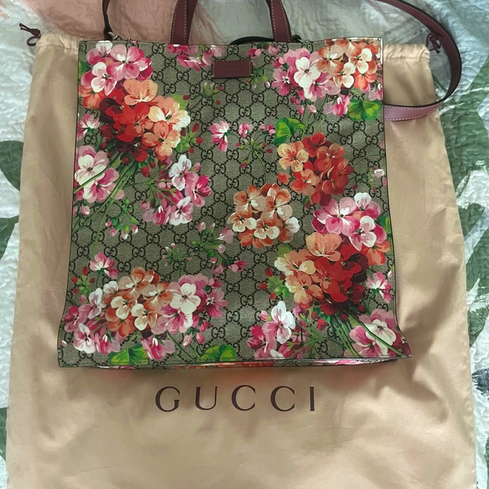 Gucci Tan and Pink Tote Bag with Floral Design